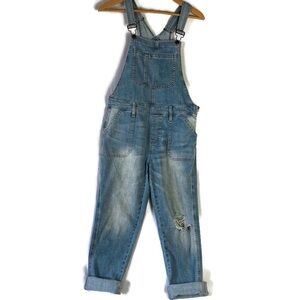 GAP Crop Slouch Overalls Light Indigo Distressed Patchwork